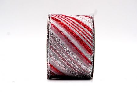 Silver,Red Glittery Diagonal Stripe Wired Ribbon_KF7765G-1R