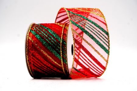 Red,Green,Gold Glittery Diagonal Stripe Wired Ribbon_KF7765G-7