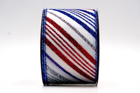 Blue,Red,White Glittery Diagonal Stripe Wired Ribbon_KF7766GB-1B