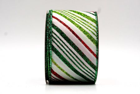 Ruban à rayures diagonales scintillantes vert, rouge, vert clair avec fil métallique_KF7766GH-1H