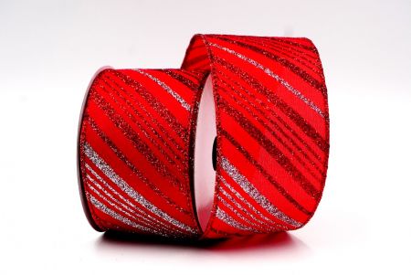 Ruban à rayures diagonales scintillantes rouge, argent avec fil métallique_KF7767GR-7