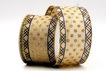 Cream & Gold Glitter Dots & Overlapping triangle Edge Wired Ribbon_KF7770G-14