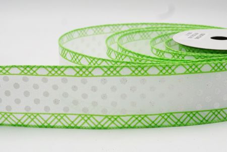 Green & White Glitter Dots & Overlapping triangle Edge Wired Ribbon_KF7772GC-15-190