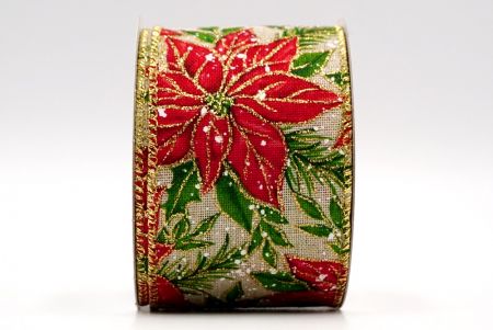 Khaki - Wstążka przewodowa z brokatowym kwiatem bożonarodzeniowym_KF7779G-13