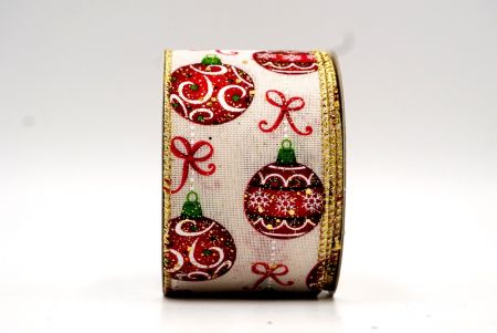 شريط سلكي مزين بتصميم كرات عيد الميلاد الأبيض الكريمي_KF7786G-2