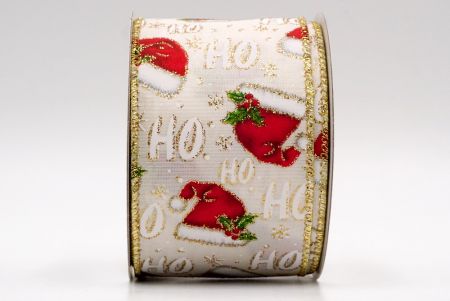 Ruban filaire avec bordure crème et dorée, bonnet de Père Noël et baies de houx_KF7789G-2