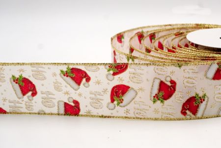 Cream and Gold Edge Santa Hat and Holly Berries Wired Ribbon_KF7789G-2