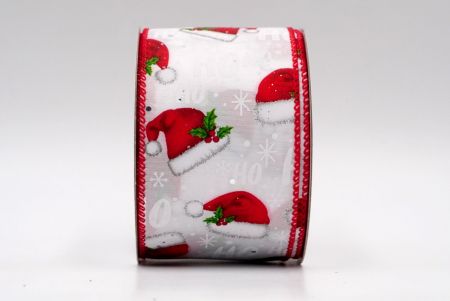 Biała czapka Świętego Mikołaja z czerwonym brzegiem i wstążka z przewiązanymi jagodami ostrokrzewu_KF7792GC-1-7