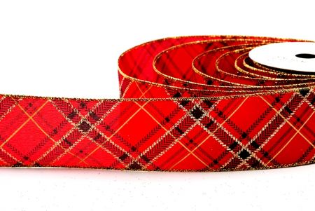 Red & Gold Christmas Cross Plaid Wired Ribbon_KF7797G-7G