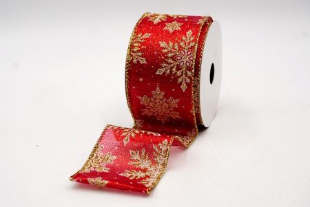 Red Sheer- Gold Sparkly Snowflakes Wired Ribbon_KF7804G-7