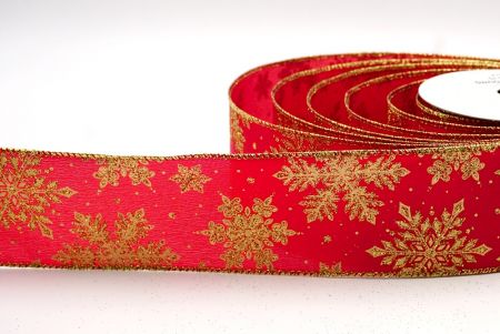 Красная и золотая лента с блестками в виде снежинок - KF7805G-7G