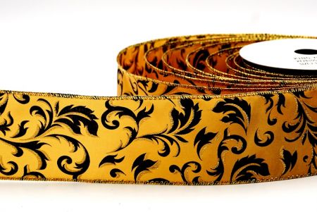 Yellow & BlackChristmas Floral leaves Design wired Ribbon_KF7810G-13