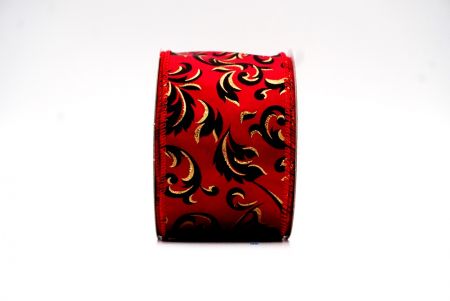 लाल और सोना/काला क्रिसमस फ्लोरल पत्तियों वाली डिज़ाइन वायर्ड रिबन_KF7810GC-7-7