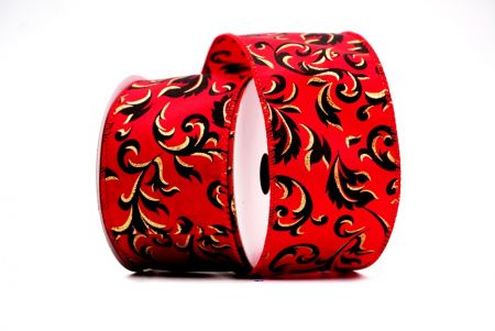 Red & Gold/BlackChristmas Floral leaves Design wired Ribbon_KF7810GC-7-7