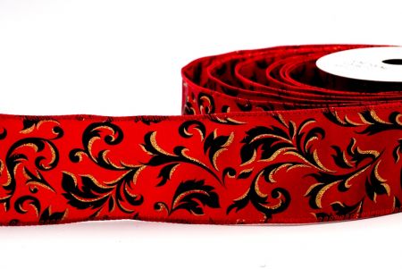 Czerwona i złota/czarna wstążka druciana z wzorem bożonarodzeniowych liści - KF7810GC-7-7