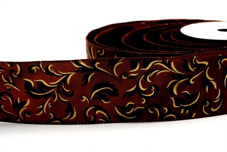 Brown & Gold/BlackChristmas Floral leaves Design wired Ribbon_KF7811GC-58-139