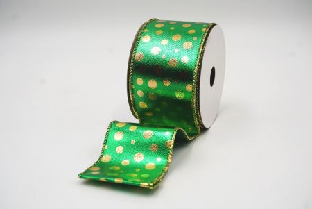 Green & Gold Christmas Metallic Polka Dots Wired Ribbon_KF7813G-3