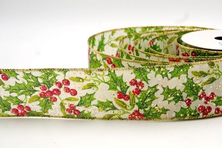 Cream and Gold Edge - Holly Leaves and Berries Design Ribbon_KF7821G-2