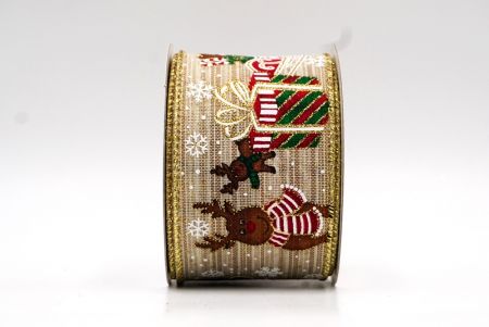 Ленточка с рождественскими санками на светло-коричневом и золотом фоне_KF7835G-13