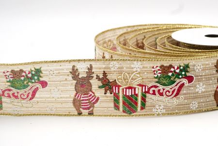 Ruban métallisé avec motifs de traîneau de Noël brun clair et or_KF7835G-13