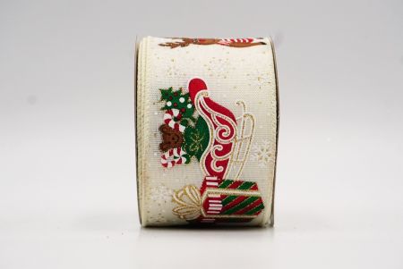Cream white Christmas Sleigh Designs Wired Ribbon_KF7836GC-2-2