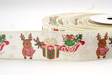 Ruban métallisé avec motifs de traîneau de Noël blanc crème_KF7836GC-2-2