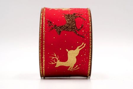 Bordo rosso e dorato - Nastro con renne di Natale con filo_KF7837G-7