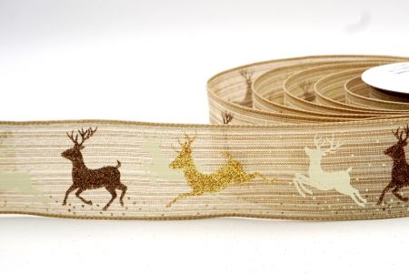 Khaki - Christmas Reindeer Wired Ribbon_KF7838GC-13-183