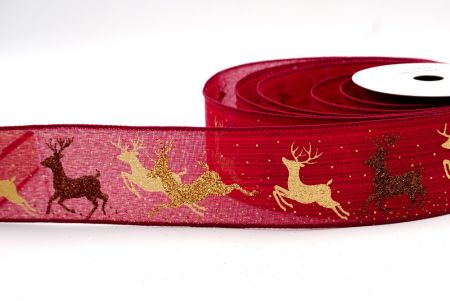 Dark Red - Christmas Reindeer Wired Ribbon_KF7838GC-8-8