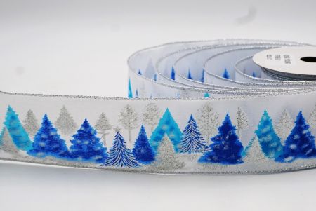 Blue & Silver Colorful Christmas Pinetrees Wired Ribbon_KF7845G-1B