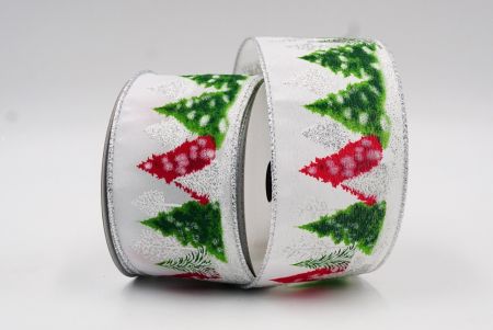 Biała i zielona kolorowa wstążka druciana z choinkami bożonarodzeniowymi_KF7845G-1H