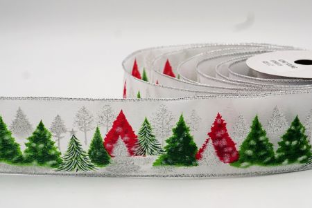 Белая и зеленая яркая проволочная лента с рождественскими соснами_KF7845G-1H