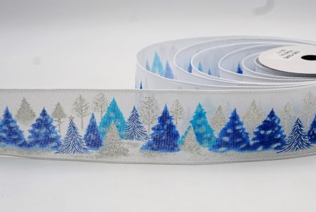 Biała i niebieska kolorowa wstążka druciana z choinkami bożonarodzeniowymi_KF7846GC-1B