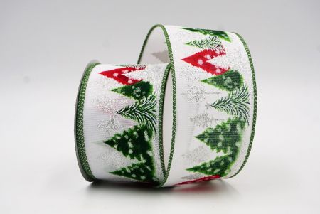 Zöld és fehér színes Karácsonyi fenyőfák drótkötésű szalag_KF7846GC-1H-222