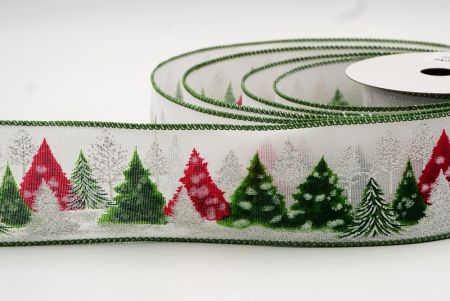 Zöld és fehér színes Karácsonyi fenyőfák drótkötésű szalag_KF7846GC-1H-222