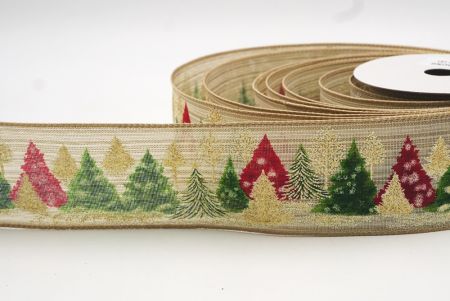 Cream & Loght Brown Colorful Christmas Pinetrees Wired Ribbon_KF7847G-13-183