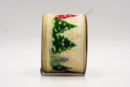 Kremowa i złota kolorowa wstążka druciana z choinkami bożonarodzeniowymi_KF7847G-2