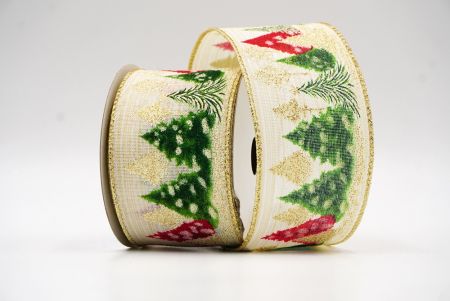 Cream & Gold Colorful Christmas Pinetrees Wired Ribbon_KF7847G-2