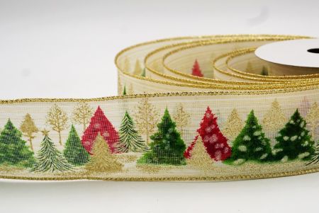 Cinta con cable de árboles de Navidad crema y dorados KF7847G-2