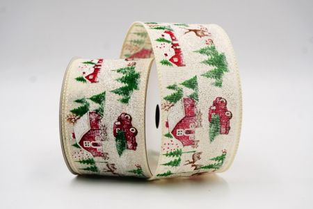 Cream White Christmas House & Animal Designs Wired Ribbon_KF7848GC-2-2