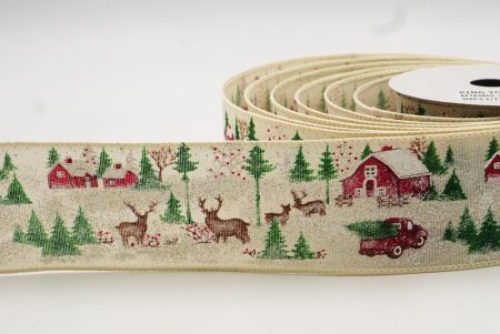 Ruban filaire avec motifs de maisons et animaux de Noël blanc crème_KF7848GC-2-2