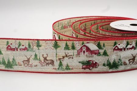 Ruban filaire avec motifs de maisons et animaux de Noël marron clair_KF7849GC-13-7