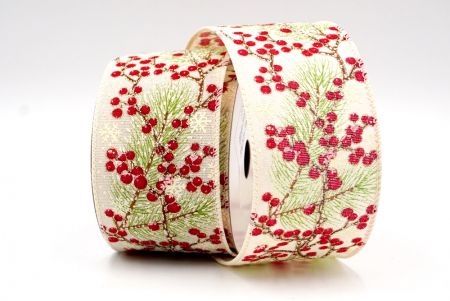 Cream - Yew Leaves and Berries Wired Ribbon_KF7851GC-2-2