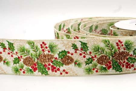 Cream - Spruce Cones and Holly Berries Wired Ribbon_KF7856GC-2-2