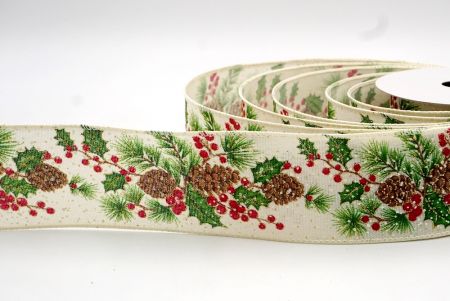 Plain Cream - Spruce Cones and Holly Berries Wired Ribbon_KF7858-2-2