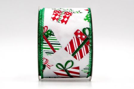 Белая и зеленая кайма - Рождественская подарочная коробка с дизайном ленты_KF7860GC-1-49