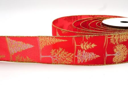 Nastro con filo di Natale Rosso Arancio/Oro design albero_KF7888G-7