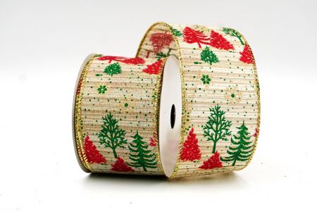 Cream Brown Christmas Tree & Snow Flakes Wired Ribbon_KF7902G-13