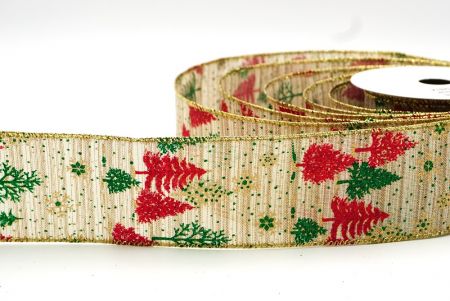 Cream Brown Christmas Tree & Snow Flakes Wired Ribbon_KF7902G-13