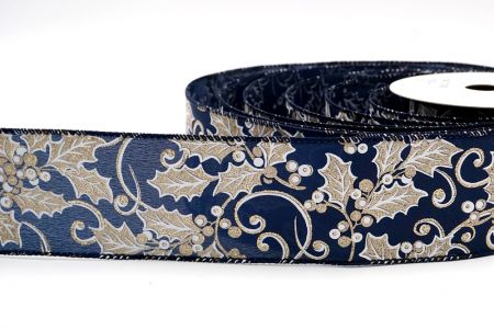 Navy Blue - Holly Leaves and Berries Design Ribbon_KF7919GC-4-4